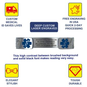 Divoti Custom Engraved Medical Alert Bracelets for Women, Stainless Steel, Medical ID Bracelet w/Free Engraving - Fancy Paisley w/ 6" Cuff (fits 6.5-8.0")-Stainless/Deep Blue