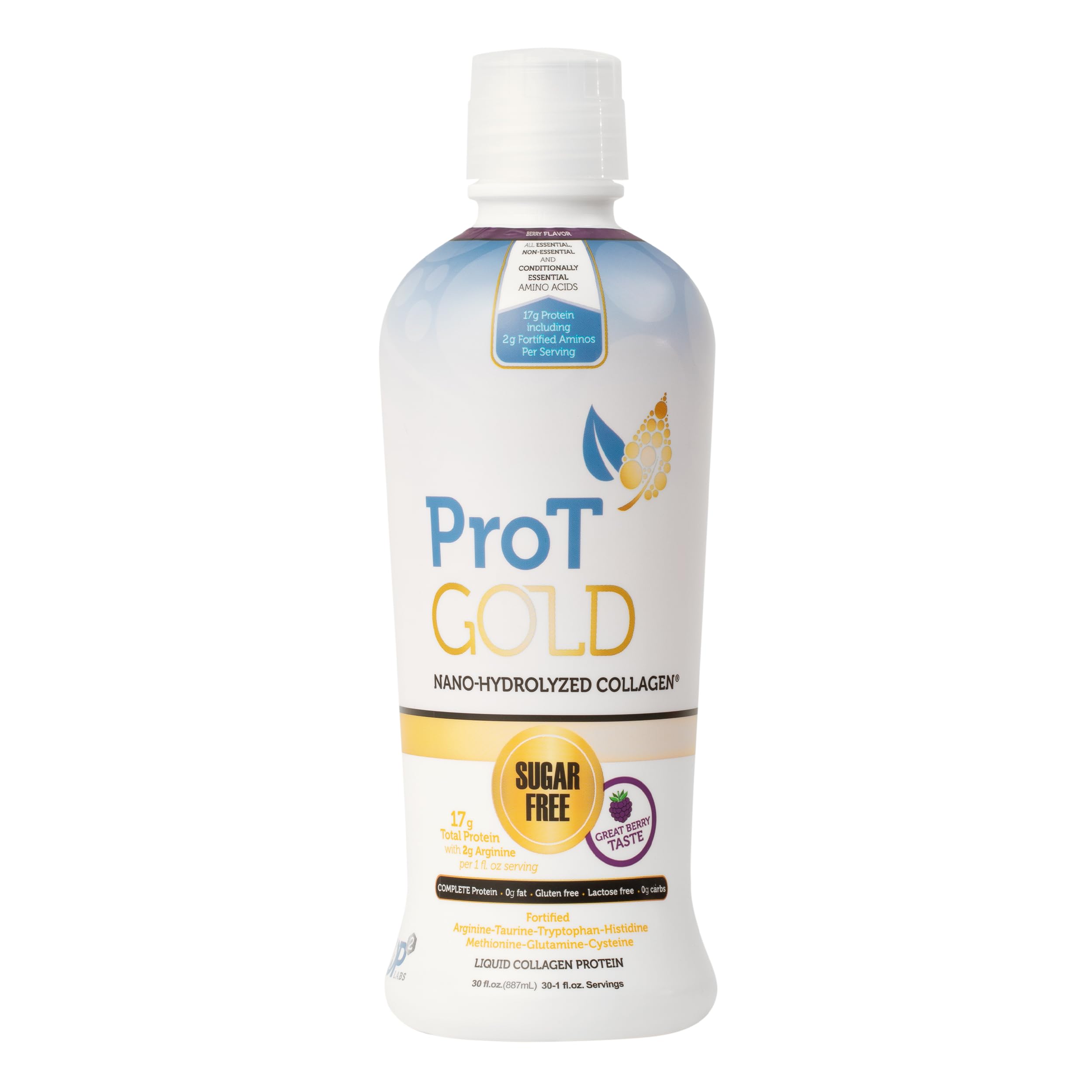 ProT Gold Liquid Collagen Protein Shot, 17g Clear Protein Nano-Hydrolyzed Grass Fed Collagen, 2g Arginine for Wound Support, Gluten Free, Sugar Free, 0g Carbs, Non GMO, Berry, 30 fl oz Bottle