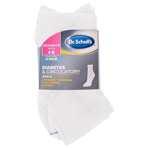 Dr. Scholl's Women's 4 Pack Diabetic and Circulatory Non Binding Ankle Socks, White, Shoe Size: 4-10