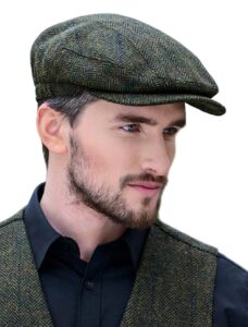 mucros weavers kerry cap, irish hat for men, herringbone wool, green, large