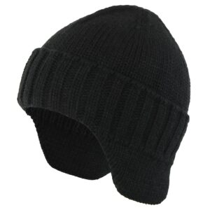 Home Prefer Mens Winter Knit Earflap Hat Velvet Lining Cuffed Beanie Cap with Ear Flaps Black