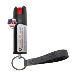 Pepper Spray Keychain Self Defense Long Range Police Strength Strongest Tear Gas Formulation. Powerful Lab Tested Red Hot Pepper OC, Military CS Gas & UV Identifying Dye. Compact Non-Lethal Weapon