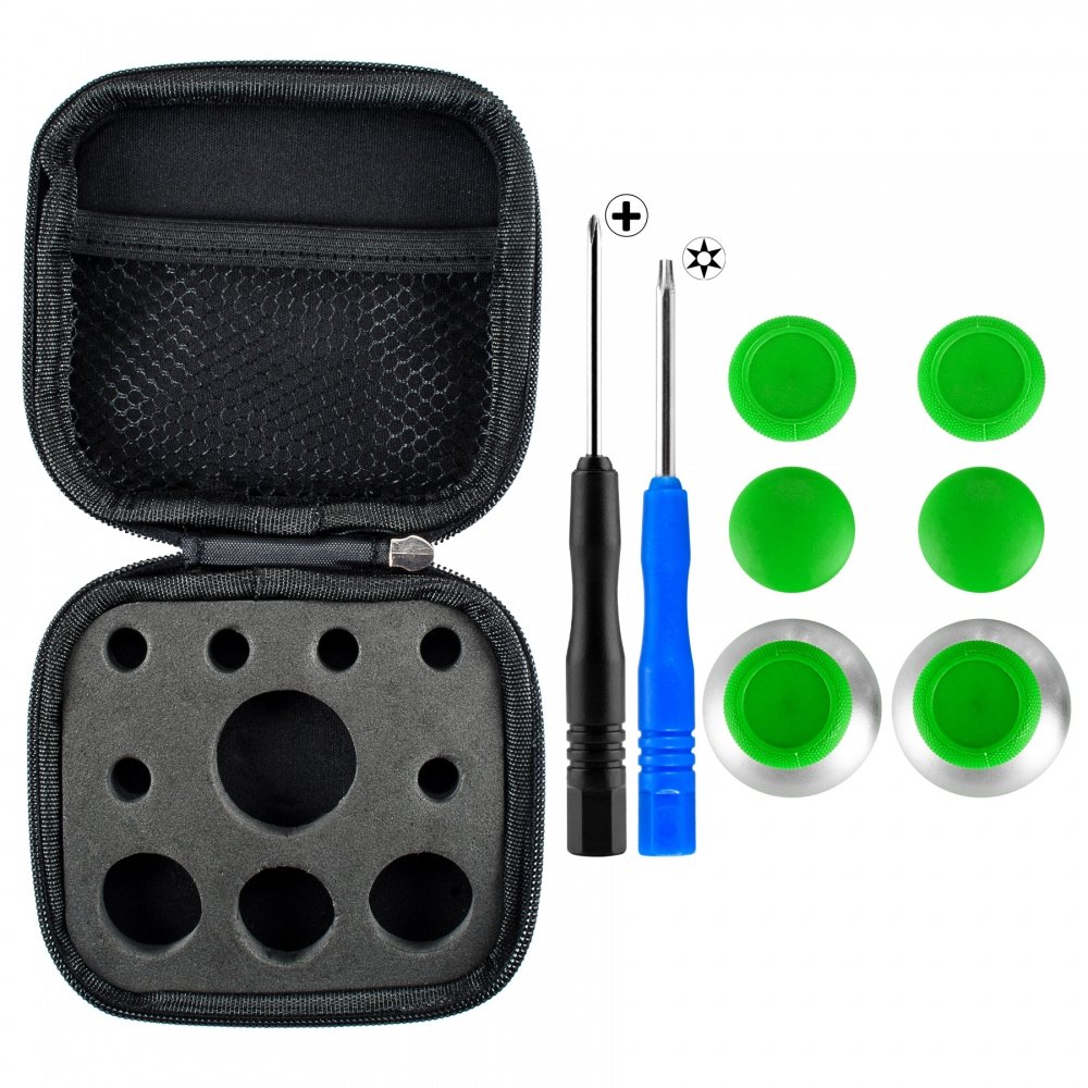 eXtremeRate 8 in 1 Metal Magnetic Thumbsticks Analogue Joysticks T8H Cross Screwdrivers with Storage Case for Xbox One S X Elite for PS4 Slim Pro Controller Green