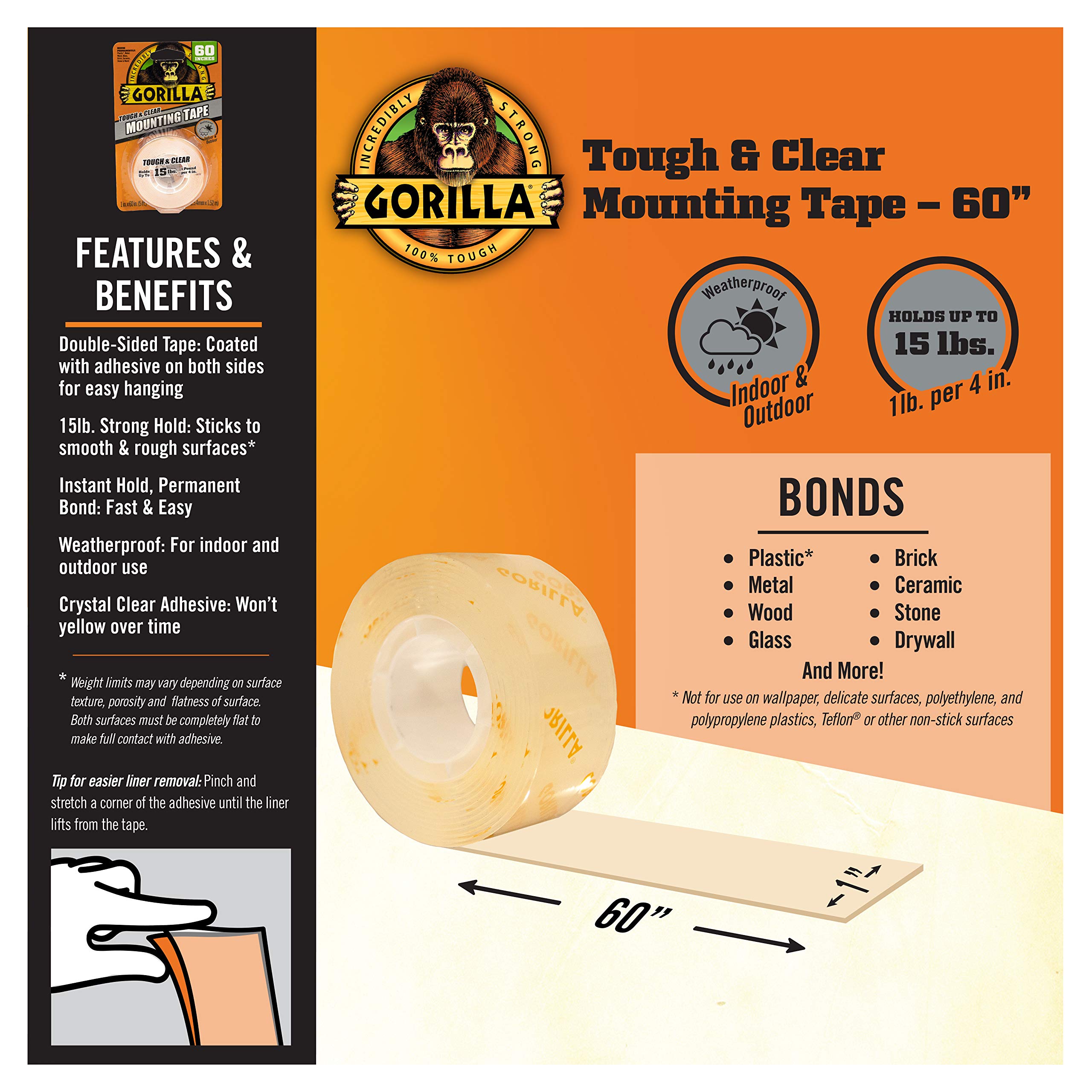 Gorilla Tough & Clear, Double Sided Mounting Tape, Weatherproof, 1" x 60", Clear, (Pack of 2)