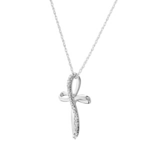 GILDED 10K White Gold 1/4 cttw Natural Round-Cut Diamond (I-J Color, I2-I3 Clarity) Twist Cross Pendant-Necklace,18"