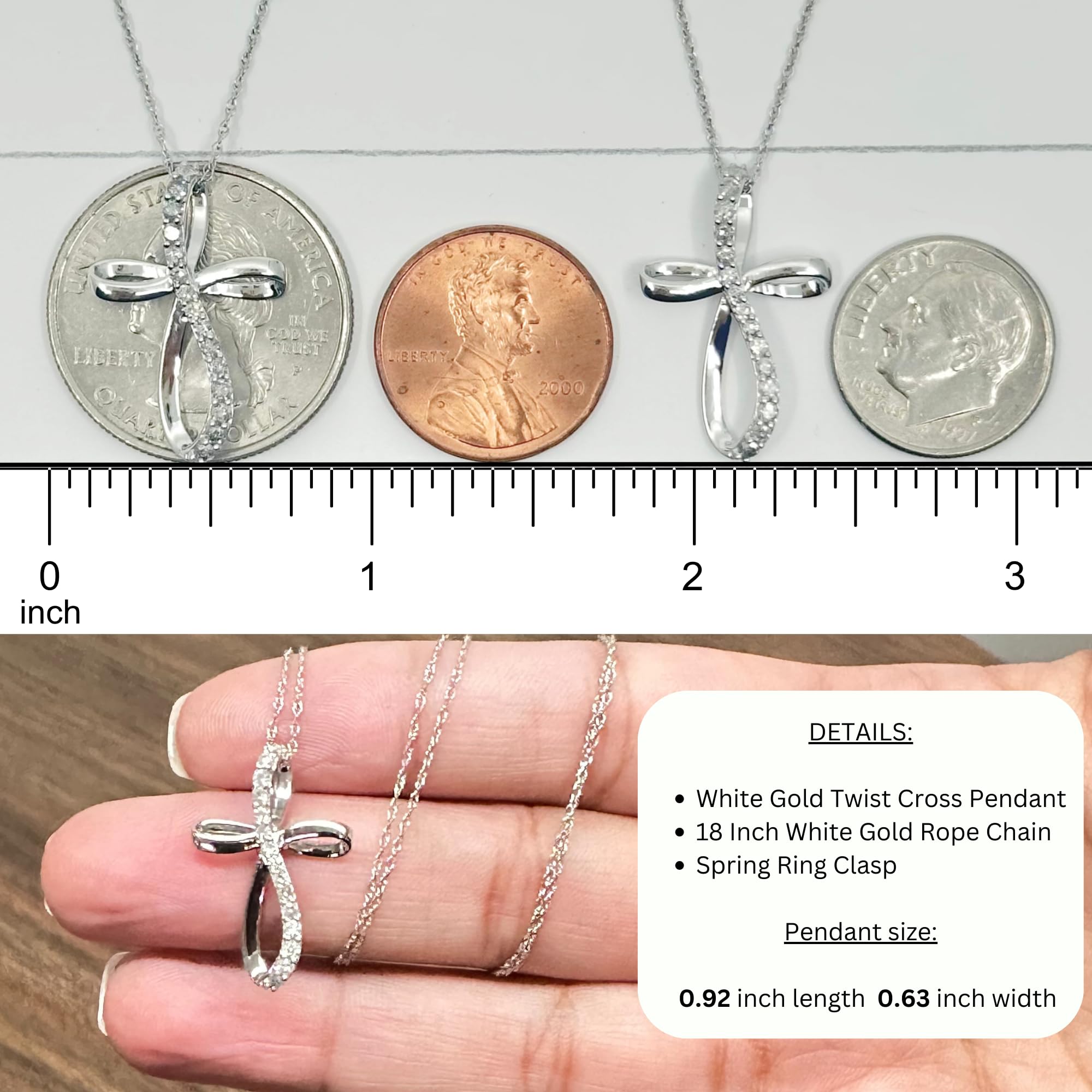 GILDED 10K White Gold 1/4 cttw Natural Round-Cut Diamond (I-J Color, I2-I3 Clarity) Twist Cross Pendant-Necklace,18"