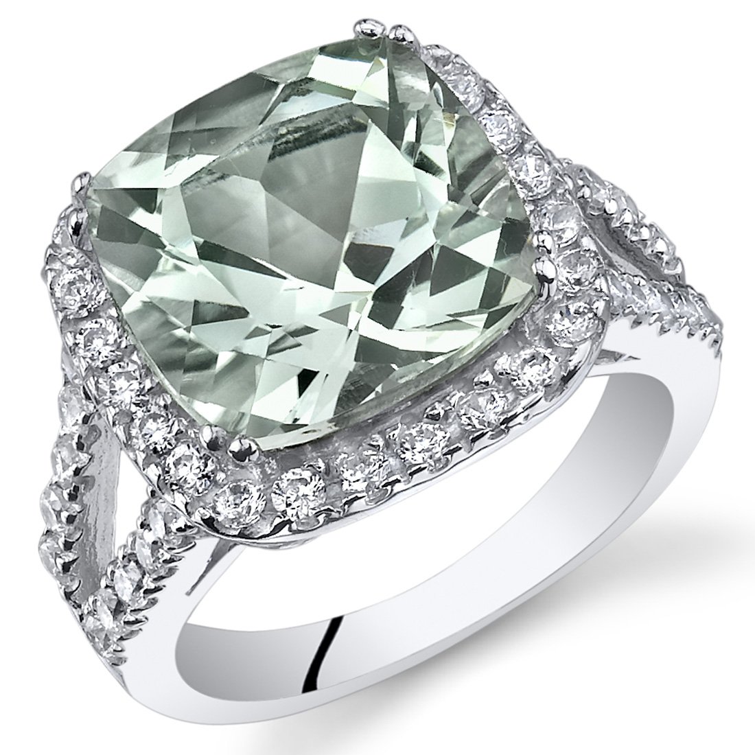 PEORA Green Amethyst Ring in Sterling Silver, Statement Halo Design, Cushion Cut, 4.75 Carats total, Comfort Fit, Size 7