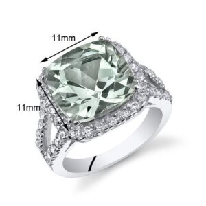 PEORA Green Amethyst Ring in Sterling Silver, Statement Halo Design, Cushion Cut, 4.75 Carats total, Comfort Fit, Size 7