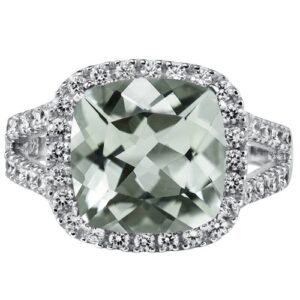 PEORA Green Amethyst Ring in Sterling Silver, Statement Halo Design, Cushion Cut, 4.75 Carats total, Comfort Fit, Size 7