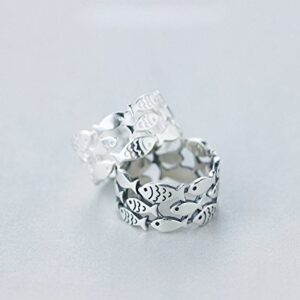 Helen de Lete Simple School Fish Geometric Pattern 925 Sterling Silver Open Ring-white silver