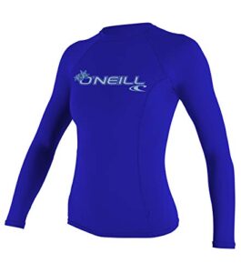 o'neill wetsuits uv sun protection womens basic skins long sleeve crew sun shirt rash guard, tahitian blue, small