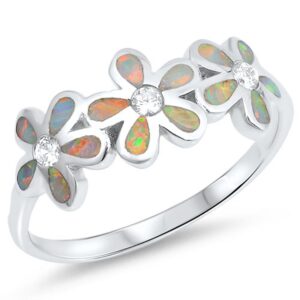 Clear CZ White Simulated Opal Plumeria Flower Ring 925 Sterling Silver Band Size 8