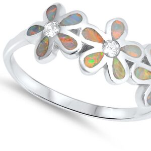 Clear CZ White Simulated Opal Plumeria Flower Ring 925 Sterling Silver Band Size 8