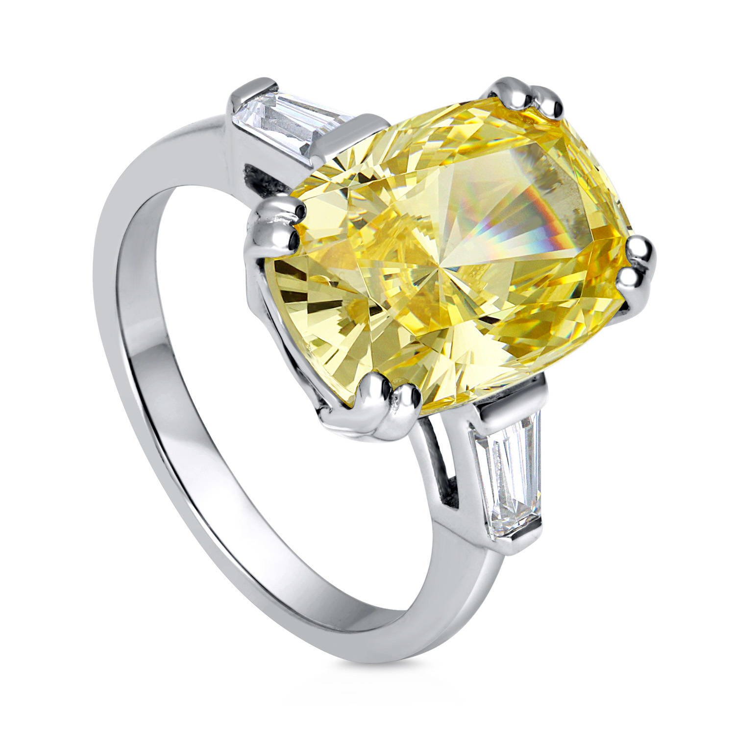 BERRICLE Sterling Silver 3-Stone Canary Yellow Cushion Cut Cubic Zirconia CZ Statement Cocktail Fashion Anniversary Ring for Women, Rhodium Plated Size 6