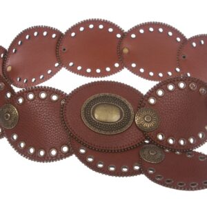 3 1/4" Wide Boho Oval Disc Concho Leather Disk Link Fashion Belt, Tan | s