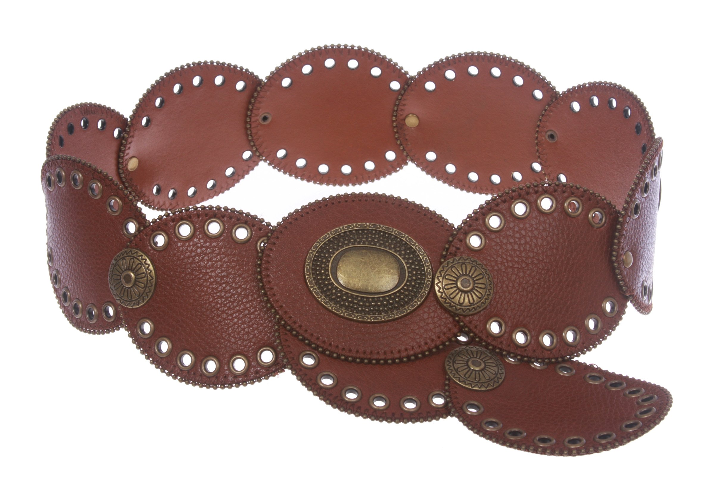 3 1/4" Wide Boho Oval Disc Concho Leather Disk Link Fashion Belt, Tan | s