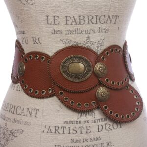 3 1/4" Wide Boho Oval Disc Concho Leather Disk Link Fashion Belt, Tan | s