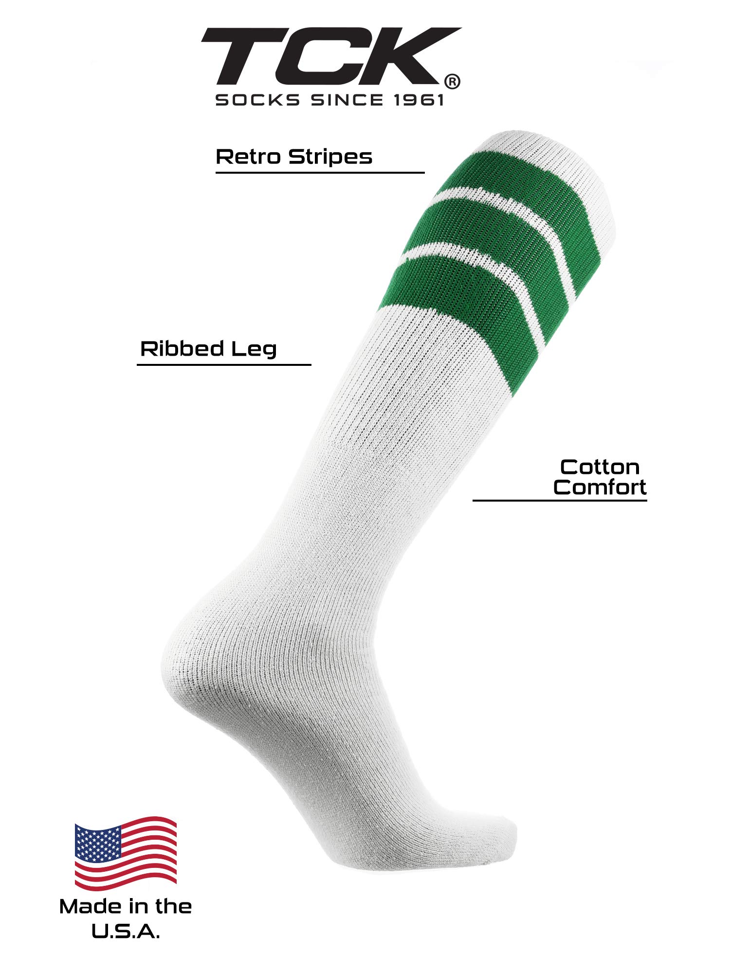 TCK Retro 3 Stripe Tube Socks (Kelly Green, Large)