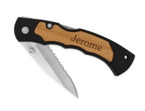 dimension 9 laser engraved alder wood personalized stainless steel blade folding pocket knife with clip, jerome, black