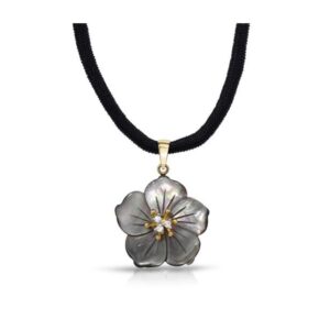 14K Yellow Gold Tahitian Mother of Pearl with Diamonds Pendant with a Black Silk Cord 18 Inch