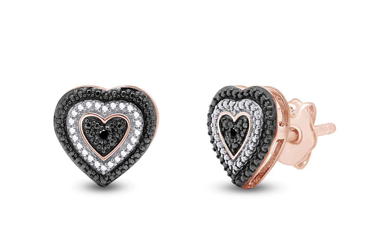 Black & White Natural Diamond Heart Shape Stud Earrings In 14K Rose Gold Over Sterling Silver (0.02 Ct)