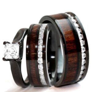 His & Hers Natural Koa Wood CZ 3 pcs Surgical Black Stainless Steel Engagement Wedding Rings set (Size His 10, Hers 08)