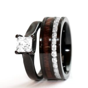 His & Hers Natural Koa Wood CZ 3 pcs Surgical Black Stainless Steel Engagement Wedding Rings set (Size His 10, Hers 08)