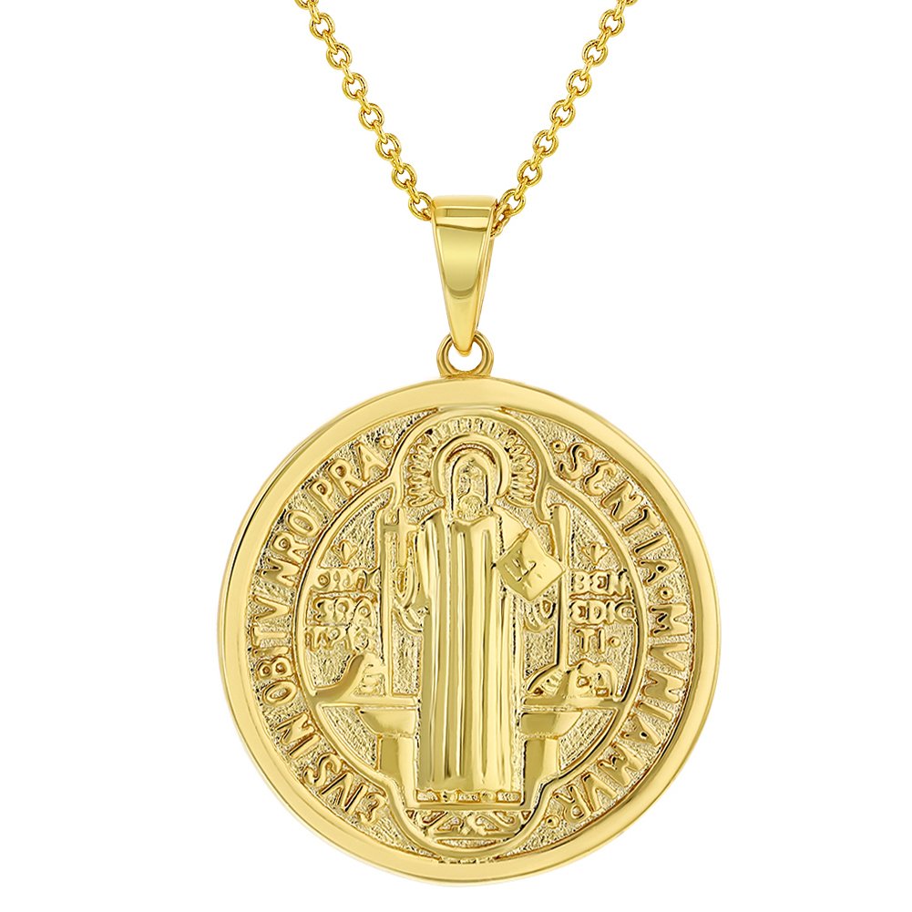 Gold Plated Reversible Religious Saint Benedict Medal Pendant Necklace Ideal for Ladies & Women 19" - Meaningful and Special Religious Jewelry Gift for Loved Ones