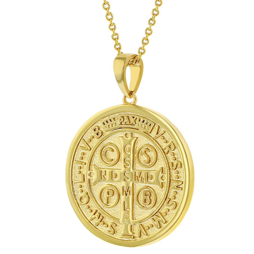 Gold Plated Reversible Religious Saint Benedict Medal Pendant Necklace Ideal for Ladies & Women 19" - Meaningful and Special Religious Jewelry Gift for Loved Ones