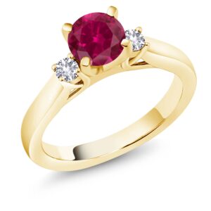 Gem Stone King 18K Yellow Gold Plated Silver Red Created Ruby and White Created Sapphire 3-Stone Engagement Ring For Women (1.10 Cttw, Round 6MM, Gemstone July Birthstone, Size 8)