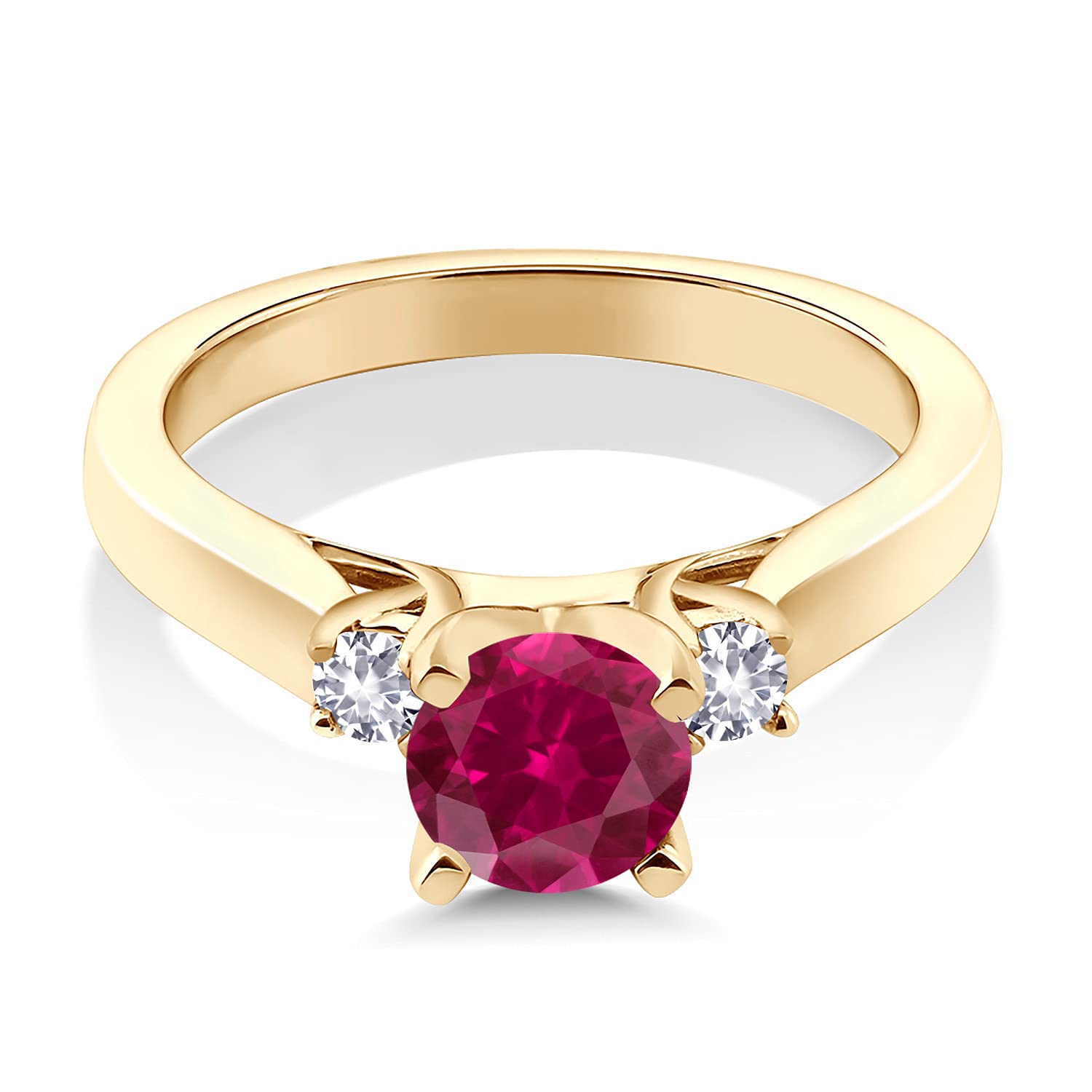 Gem Stone King 18K Yellow Gold Plated Silver Red Created Ruby and White Created Sapphire 3-Stone Engagement Ring For Women (1.10 Cttw, Round 6MM, Gemstone July Birthstone, Size 8)