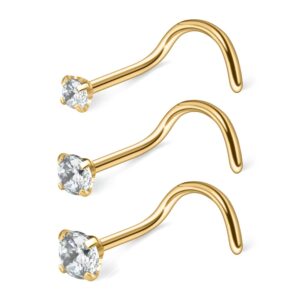 Ruifan 3PCS 20G Gold Plated Surgical Steel With Clear 2mm/2.5mm/3mm Diamond Cubic Zirconia Crystal Nose Twist Screw Ring Piercing Jewelry