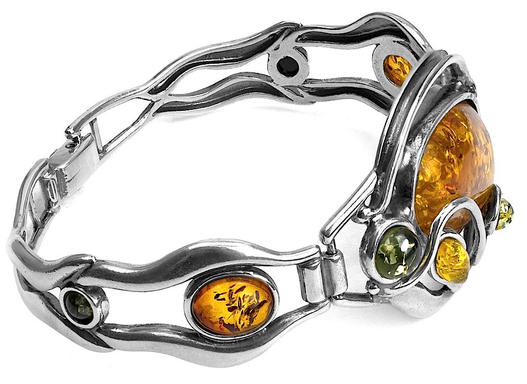 Ian and Valeri Co. Multicolor Amber Sterling Silver Large Bangle Bracelet 7.5 Inches