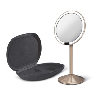 simplehuman Sensor Mirror, Travel Makeup Mirror with Lights, 10X Magnification, Lighted, Round, Free Standing, 5", Rose Gold Stainless Steel