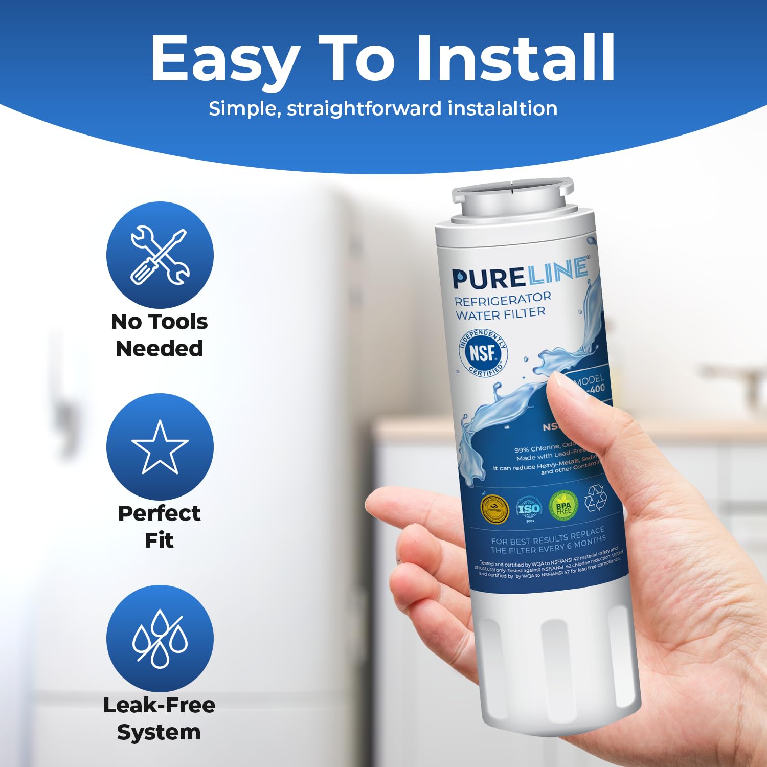 Pureline UKF8001 Refrigerator Water Filter Replacement, EDR4RXD1, Everydrop Filter 4, UKF8001AXX-750, UKF8001AXX-200, Maytag UKF8001, Whirlpool EDR4RXD1, 4396395, Kenmore 9084, 9006, (3 Pack)