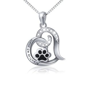 flyow paw necklace 925 sterling silver always in my heart cute puppy paw print love heart pendant necklace memorial gift for women, 18"