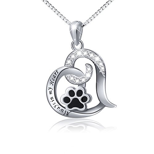 FLYOW Paw Necklace 925 Sterling Silver Always in My Heart Cute Puppy Paw Print Love Heart Pendant Necklace Memorial Gift for Women, 18"