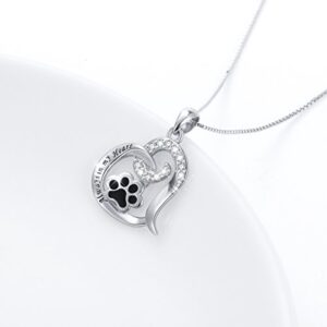 FLYOW Paw Necklace 925 Sterling Silver Always in My Heart Cute Puppy Paw Print Love Heart Pendant Necklace Memorial Gift for Women, 18"