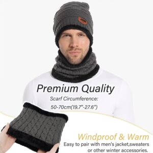 FZ FANTASTIC ZONE Mens Womens Winter Beanie Hat Scarf Set Warm Knit Thick Fleece Lined Skull Cap Neck Warmer for Men Women Dark Grey