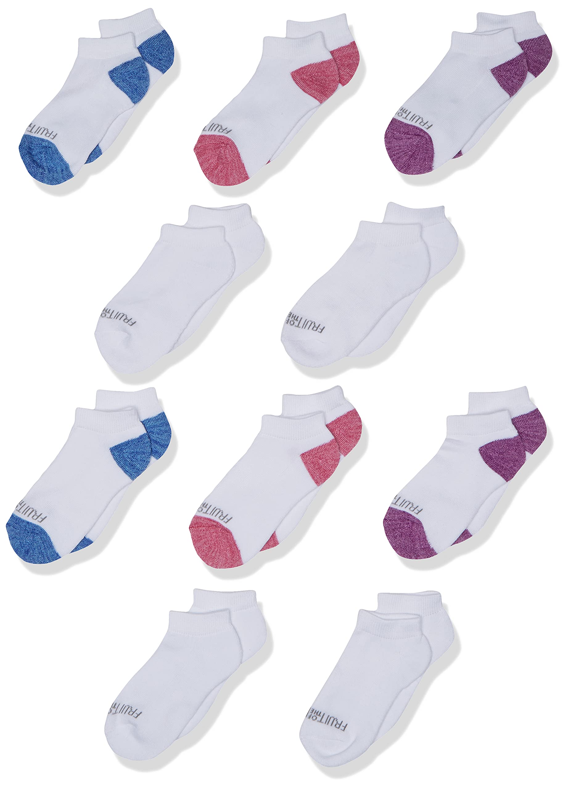 Fruit of the Loom Girl's Little Everyday Essential Soft Cushion Socks, White w/Colored Heel Toe, 10.5-4