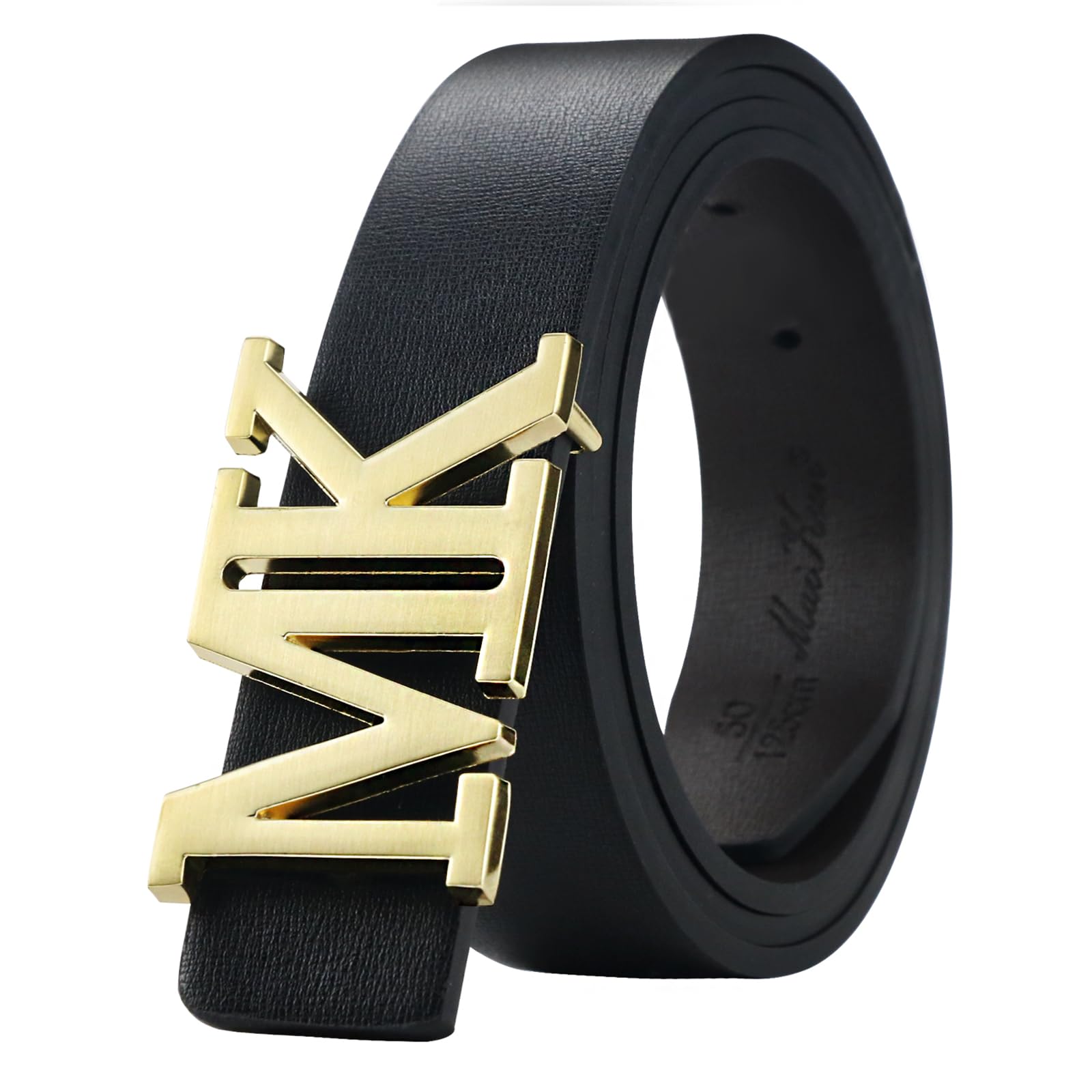 maikun Men's Reversible Leather Dress Belt 1.3" Wide Gold Rotated Buckle Valentine's Day, Black Belt,For Waist Size 32-34''