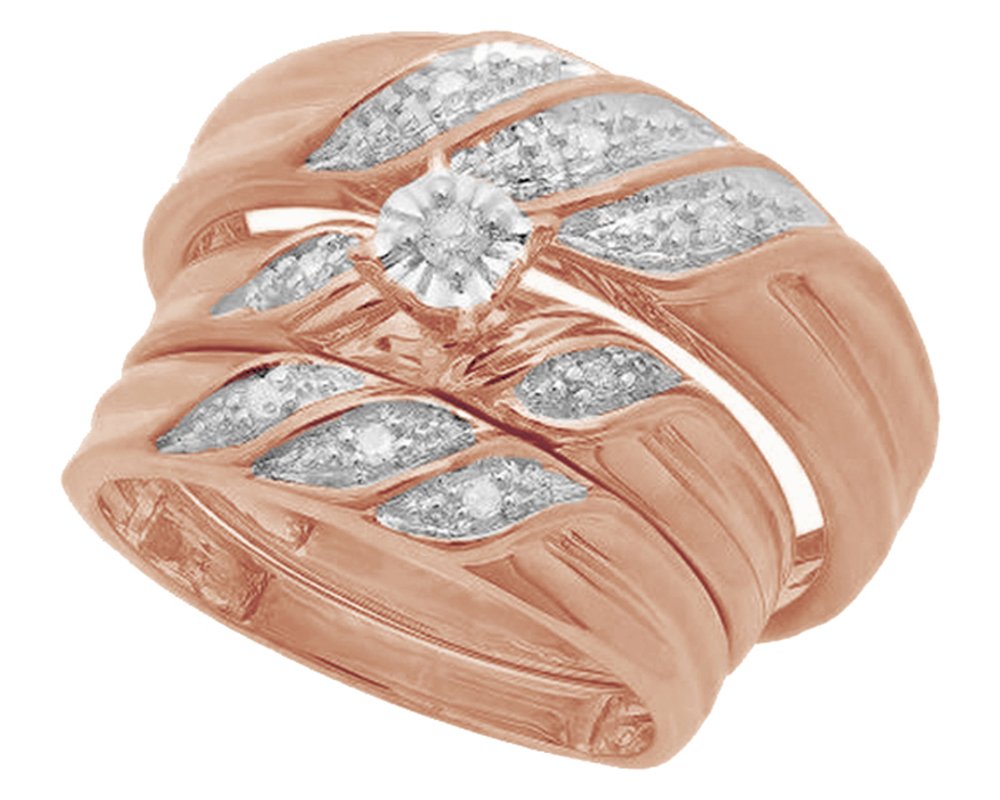 Jewel Zone US White Natural Diamond Engagement & Wedding Trio Band Ring Set in 14k Rose Gold Over Sterling Silver (0.1 Carat)