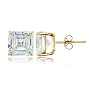 Yellow Gold Flashed Sterling Silver Cubic Zirconia Asscher Cut Stud Earrings