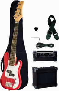 raptor 3/4 scale, 38 inches size kids 4 strings electric p bass package - red. with 5w amp, gig bag, strap, 10ft cable, picks