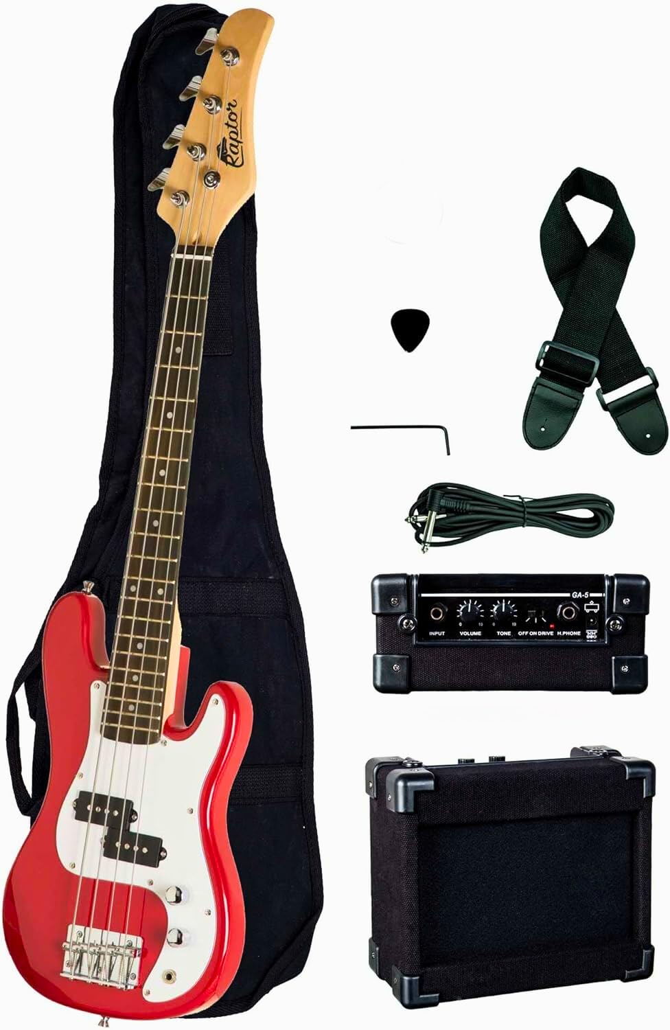 Raptor 3/4 Scale, 38 Inches Size Kids 4 Strings Electric P Bass Package - RED. With 5W Amp, Gig Bag, Strap, 10ft Cable, Picks