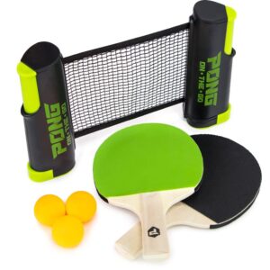 Pong on The Go Portable Table Tennis Playset - Comes with Net, 2 Black/Green Paddles, 3 Balls, and Carry Bag - Indoor/Outdoor Tabletop Travel Game Alternative to Pong Tables for All Ages