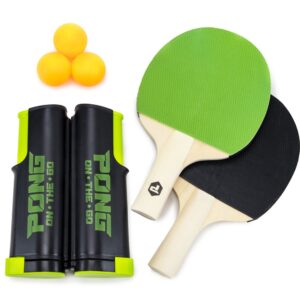 Pong on The Go Portable Table Tennis Playset - Comes with Net, 2 Black/Green Paddles, 3 Balls, and Carry Bag - Indoor/Outdoor Tabletop Travel Game Alternative to Pong Tables for All Ages