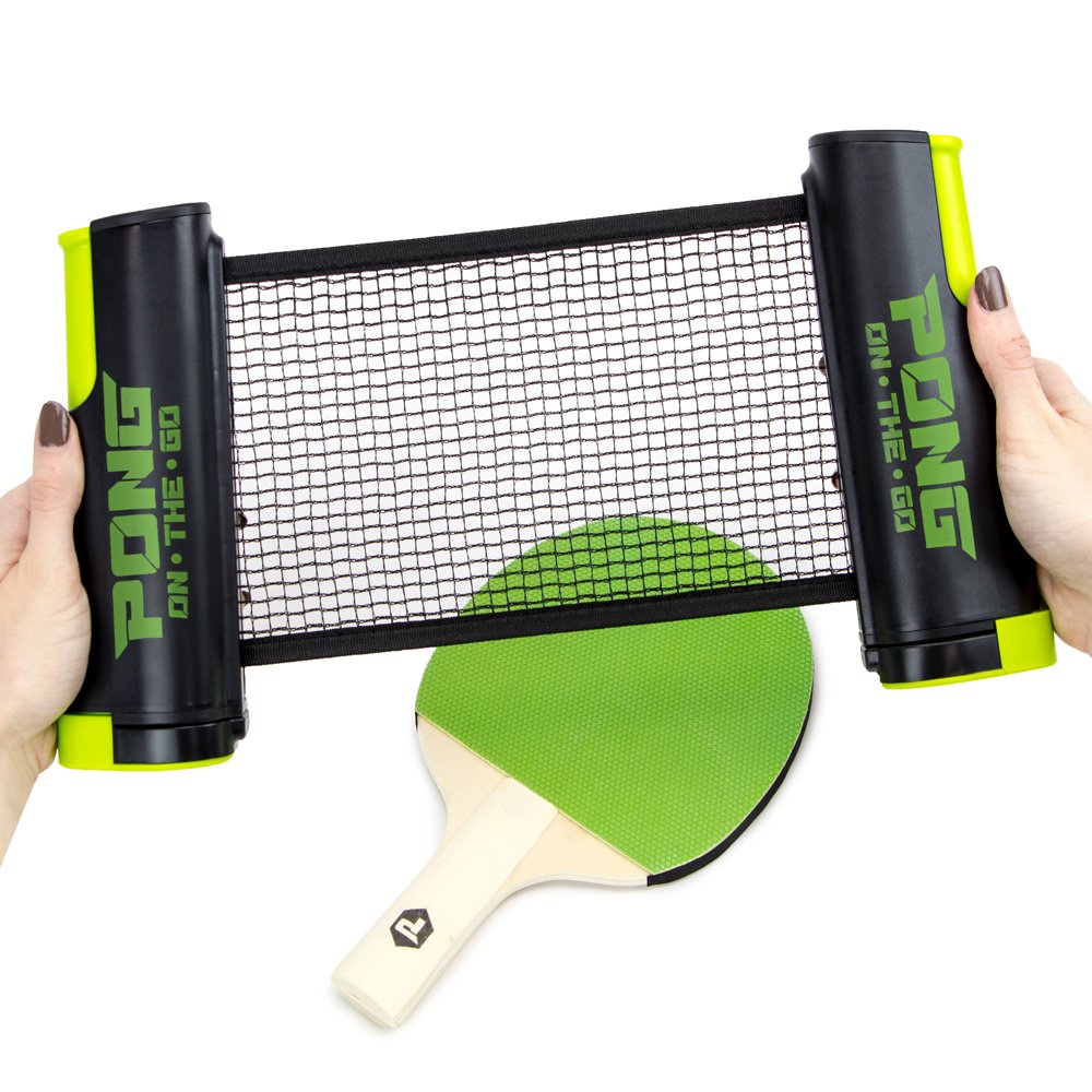 Pong on The Go Portable Table Tennis Playset - Comes with Net, 2 Black/Green Paddles, 3 Balls, and Carry Bag - Indoor/Outdoor Tabletop Travel Game Alternative to Pong Tables for All Ages