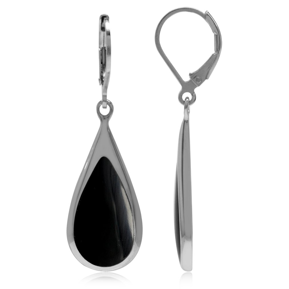 Silvershake Created Black Onyx Inlay White Gold Plated 925 Sterling Silver Drop Dangle Leverback Earrings