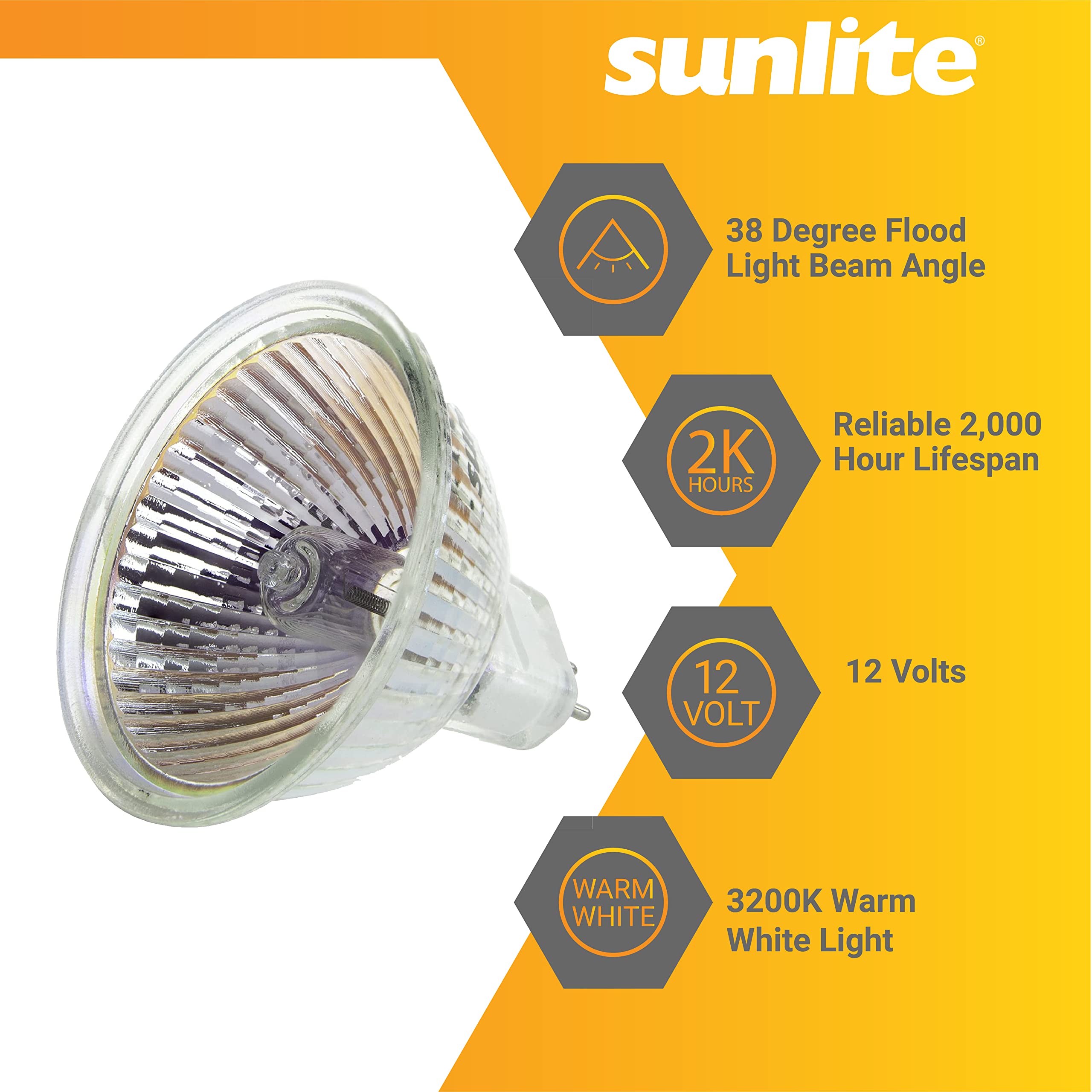 6 Pack Sunlite 75 Watt, 38 Flood, MR16 Mini Reflector, GU5.3 Bi-Pin Base